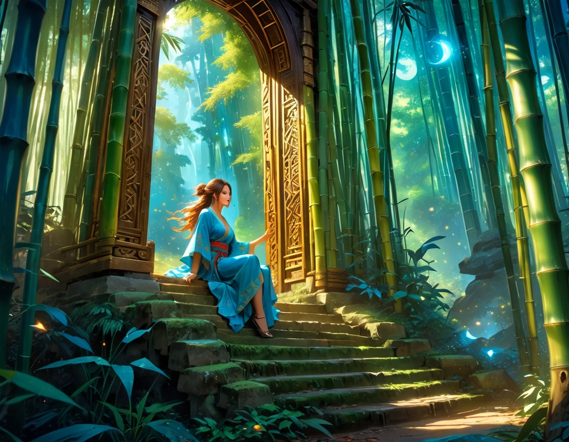  picture of a human sorceress sittings in (bamboo forest: 1.3), opening a large magical doorway, with magical runes on it, looking into the (heavens: 1.3), fantasy art, RPG art, an epic beautiful human woman (best details, Masterpiece, best quality), ultra detailed face (best details, Masterpiece, best quality), dynamic hair color, dynamic hair style, dynamic eyes color, dynamic dress (best details, Masterpiece, best quality), bamboo, the magical doorway opens into the heavens and you can see angels flying, glowing arcane sigils GlowingRunes_paleblue, fantasy bamboo forest at night, moon light, moon rays, stars, Ultra-high resolution, High Contrast, (masterpiece:1.5), highest quality, Best aesthetics), 16K fantasy art, best details, best quality, highres, (ultra wide angle: 1.2), 16k, [ultra detailed], masterpiece, best quality, (extremely detailed), Cinematic Hollywood Film
