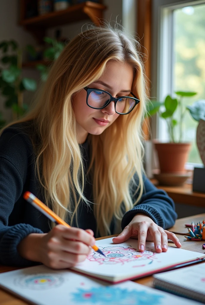 A blonde drawing with glasses using the computer