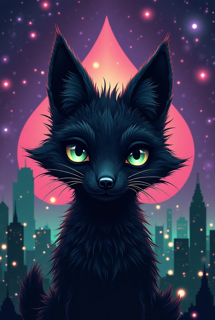 Black furry fox face、Look forward。Infinite background, space, And darkness。Includes a large spade motif。purple base with green accents、City