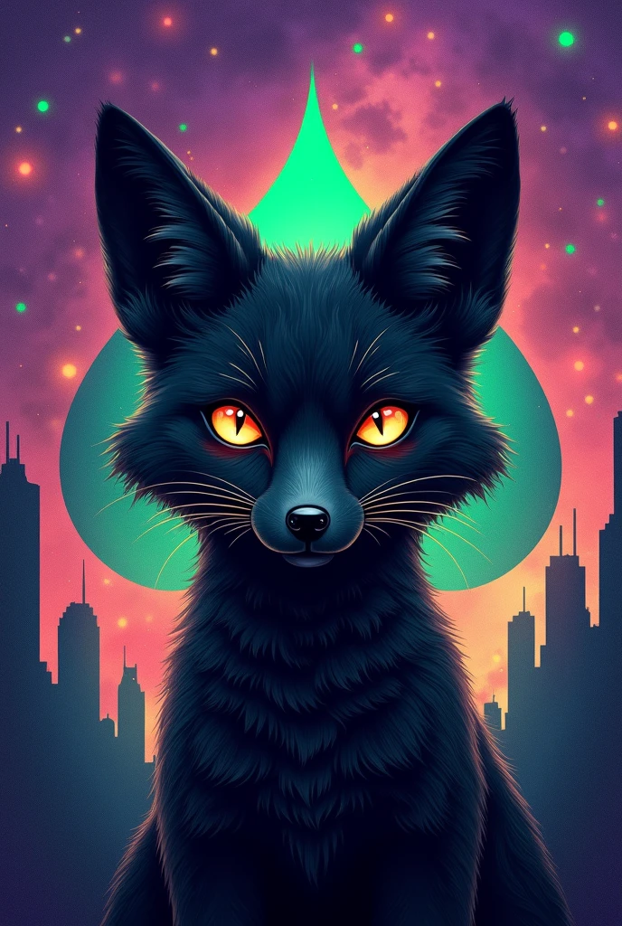 Black furry fox face、Look forward。Infinite background, space, And darkness。Includes a large spade motif。purple base with green accents、City