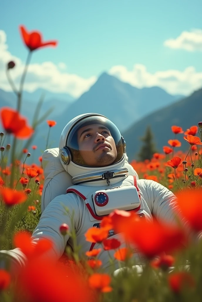 astronaut man lying face up in a meadow full of red flowers