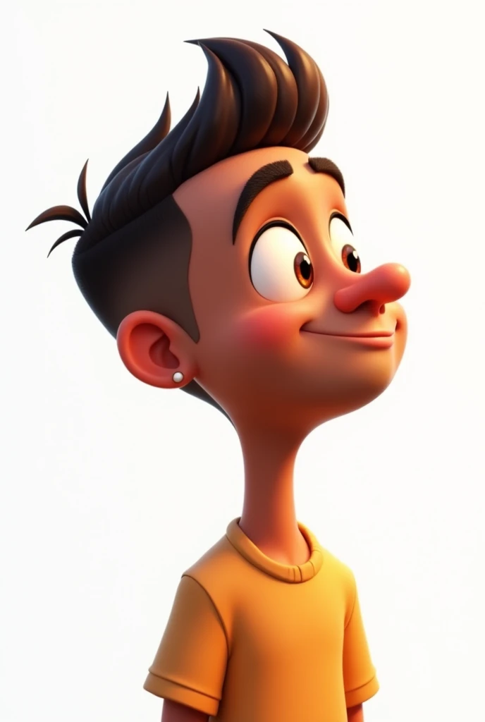 create a pixar-style image with a clean white background of a 33 year old man , beardless white to brown skin , Brown eyes , Short barber style haircut with small round earrings in the ear and a black t-shirt looking half-profile to the right with an expression