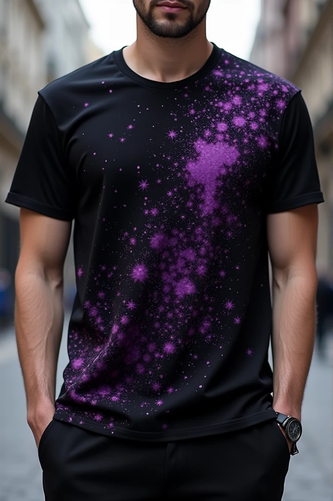 a black tshirt, with purple spots (front and back)