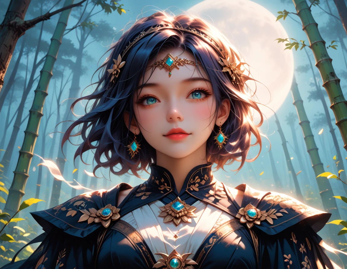  picture of a human sorceress sittings in (bamboo forest: 1.3), opening a large magical doorway, with magical runes on it, looking into the (heavens: 1.3), fantasy art, RPG art, an epic beautiful human woman (best details, Masterpiece, best quality), ultra detailed face (best details, Masterpiece, best quality), dynamic hair color, dynamic hair style, dynamic eyes color, dynamic dress (best details, Masterpiece, best quality), bamboo, the magical doorway opens into the heavens and you can see angels flying, glowing arcane sigils GlowingRunes_paleblue, fantasy bamboo forest at night, moon light, moon rays, stars, Ultra-high resolution, High Contrast, (masterpiece:1.5), highest quality, Best aesthetics), 16K fantasy art, best details, best quality, highres, (ultra wide angle: 1.2), 16k, [ultra detailed], masterpiece, best quality, (extremely detailed), Cinematic Hollywood Film
