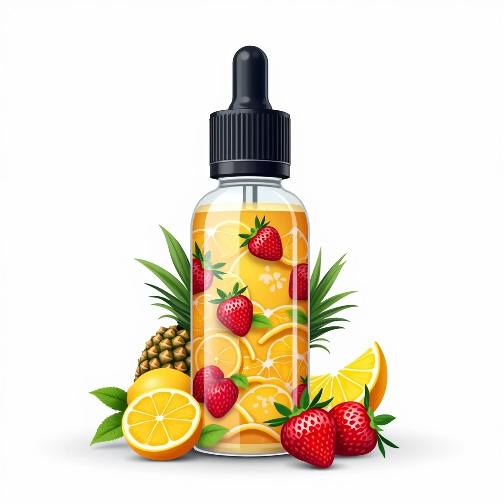 Vector art, bottle of vape liquid with label, The label depicts fruits, White background
