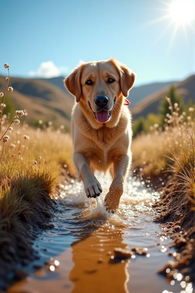 Image of a labrador watering dry land in the field