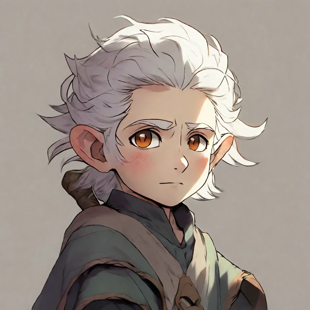 Halfling man, white hair, hazel eyes, pale, character portrait, cara sarcástica, anime style, anime