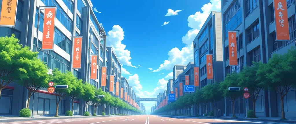 background image of a city street, buildings at both sides, anime style background, daylight, no people, blue sky