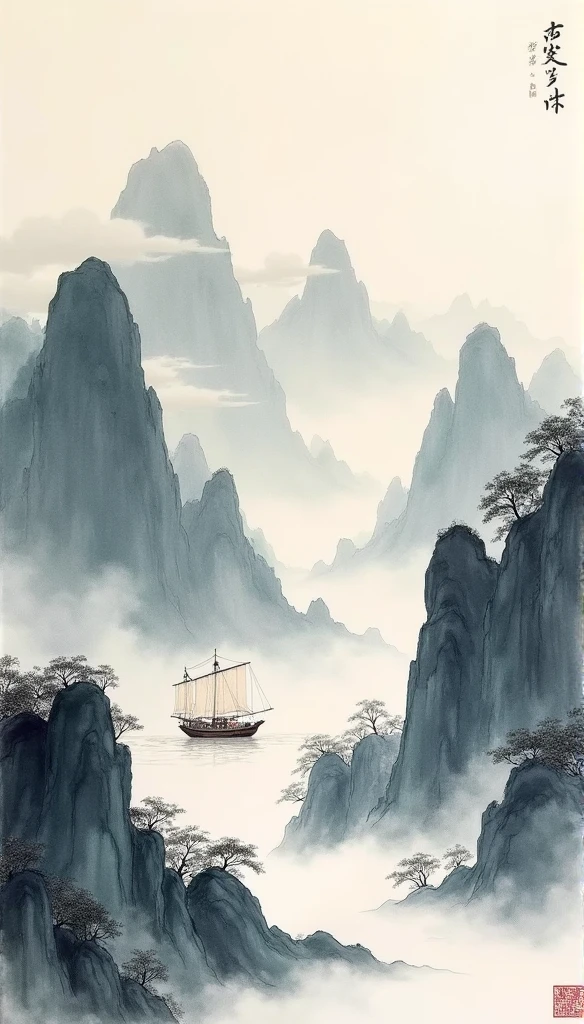 Chinese landscape painting,ink and watercolor painting,water ink,ink,blur,Meticulous,water ink,blur,Meticulous,blur,Low saturation,low contrast,A light ship crossed ten thousand heavy mountains.,Beautifully described,detailed,Acura,works of masters,masterpiece