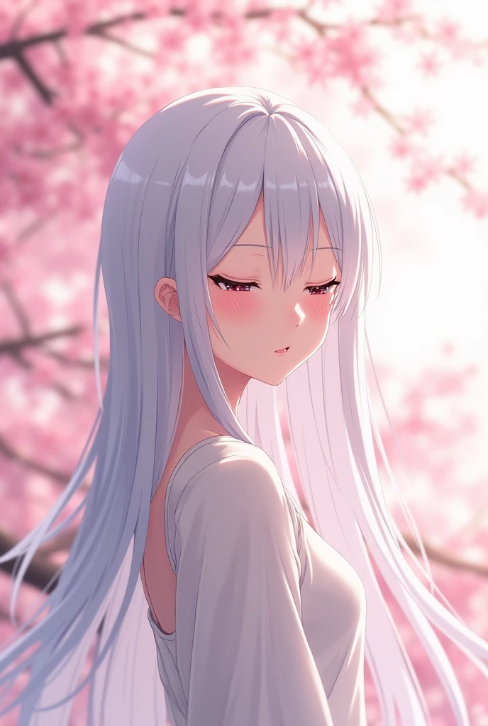 Albino anime girl with her hair parted in the middle, no bangs, closed eyes and big eyelashes