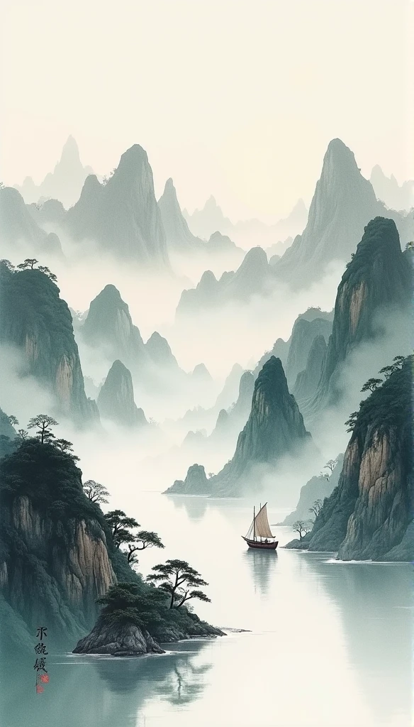 Chinese landscape painting,ink and watercolor painting,water ink,ink,blur,Meticulous,water ink,blur,Meticulous,blur,Low saturation,low contrast,A light ship crossed ten thousand heavy mountains.,Beautifully described,detailed,Acura,works of masters,masterpiece