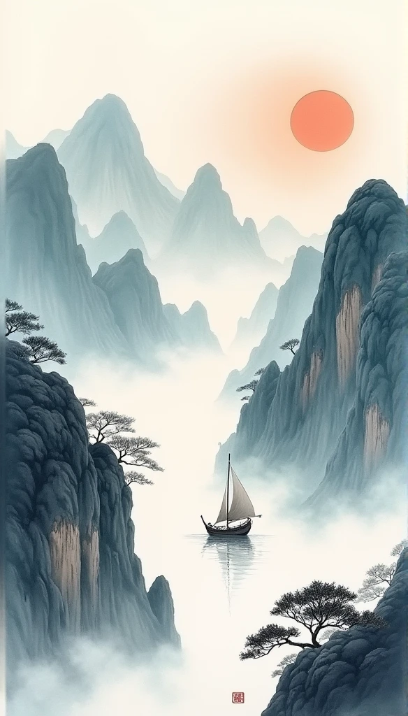 Chinese landscape painting,ink and watercolor painting,water ink,ink,blur,Meticulous,water ink,blur,Meticulous,blur,Low saturation,low contrast,A light ship crossed ten thousand heavy mountains.,Beautifully described,detailed,Acura,works of masters,masterpiece