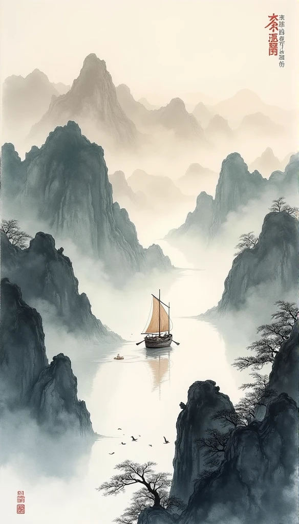 Chinese landscape painting,ink and watercolor painting,water ink,ink,blur,Meticulous,water ink,blur,Meticulous,blur,Low saturation,low contrast,A light ship crossed ten thousand heavy mountains.,Beautifully described,detailed,Acura,works of masters,masterpiece