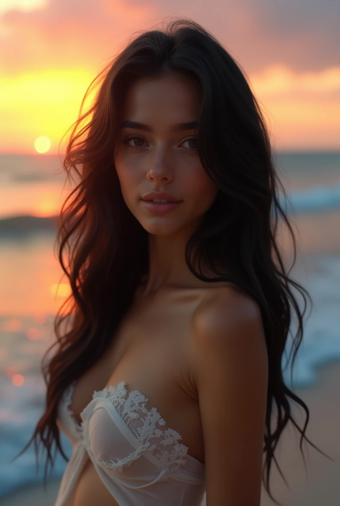 a beautiful girl with long wavy black hair, déshabiller sa robe, Debout au bord de la mer, showing him , Detailed face and eyes, intricate details, Photorealistic, 8k, high quality, natural lighting, cinematic, head of&#39;artwork, spectacular, Sensuel, tetas grandes