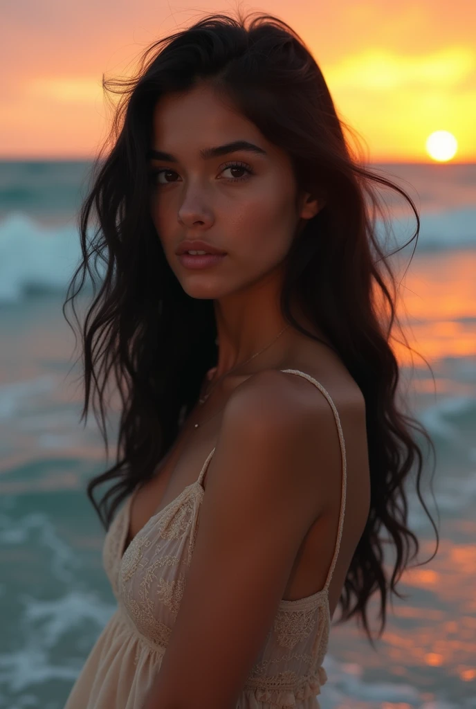 a beautiful girl with long wavy black hair, déshabiller sa robe, Debout au bord de la mer, showing him , Detailed face and eyes, intricate details, Photorealistic, 8k, high quality, natural lighting, cinematic, head of'artwork, spectacular, Sensuel, tetas grandes