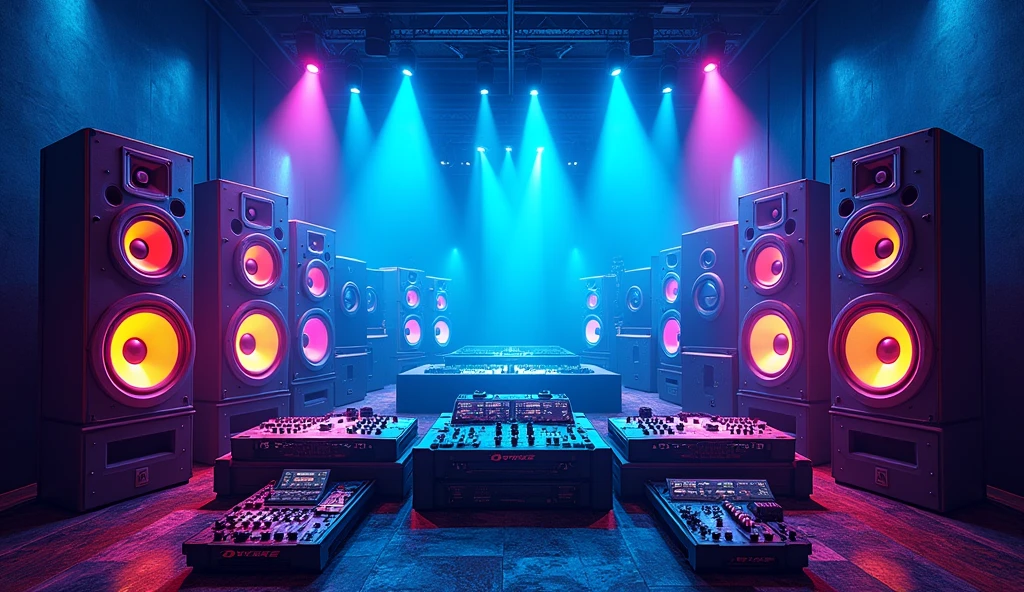 poster with large speakers and musical equipment in the background, neon blue color scheme, large sound waves coming from speakers, black white yellow green orange purple pink red palette, in the style of photorealistic, in the style of hyper realistic. 30locent disco", background of huge speakers, keyboard and audio equipment in the foreground, neon lights, vector graphics, bright colors, neon blue light effect, musical theme, logo for DJ club "CM". Vector illustration. A poster with a big sound system, dj music festival flyer or party flyer template design, in the style of ultra realistic photography