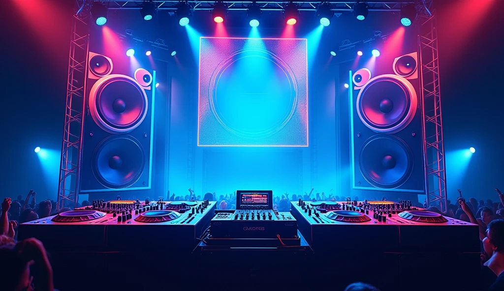 poster with large speakers and musical equipment in the background, neon blue color scheme, large sound waves coming from speakers, black white yellow green orange purple pink red palette, in the style of photorealistic, in the style of hyper realistic. 30locent disco", background of huge speakers, keyboard and audio equipment in the foreground, neon lights, vector graphics, bright colors, neon blue light effect, musical theme, logo for DJ club "CM". Vector illustration. A poster with a big sound system, dj music festival flyer or party flyer template design, in the style of ultra realistic photography