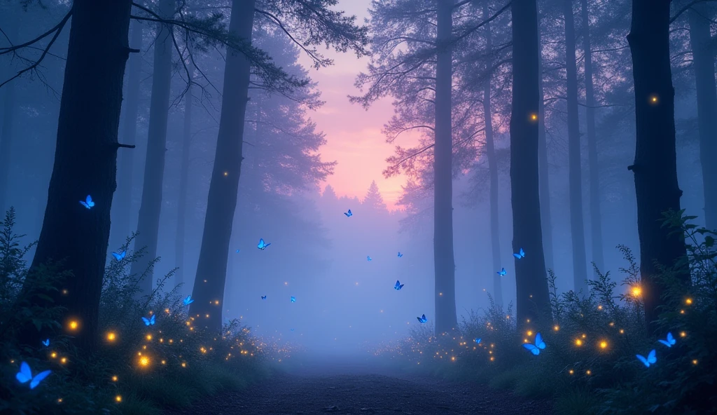 Blue butterflies at dawn in the forest with tall thin trees blue and purple weather with fireflies