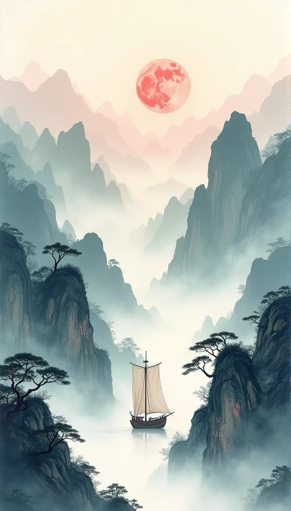 Chinese landscape painting,ink and watercolor painting,water ink,ink,blur,Meticulous,water ink,blur,Meticulous,blur,Low saturation,low contrast,A light ship crossed ten thousand heavy mountains.,Beautifully described,detailed,Acura,works of masters,masterpiece