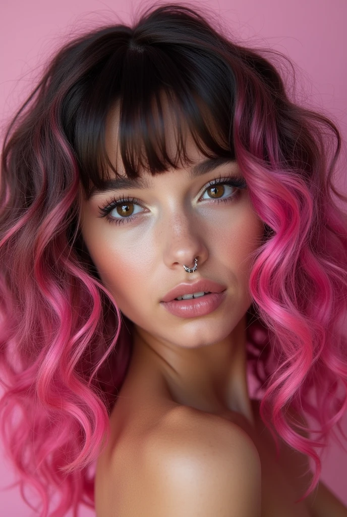 Description of the girl:
body hair: curly, with bangs, and a pink lock above the ear.
Accessories: Pincing no septo (ring).
Additional Detail:
Estilo do body hair: curly e volumoso, with the fringe falling over the forehead.
Pink Mecha: Highlight the pink strand near the ear, contrasting with the rest of the hair.
Pincing no Septo: Visible septum ring in nose
