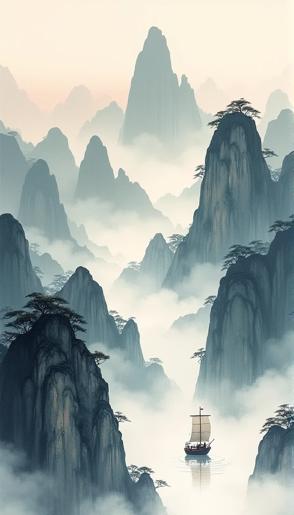 Chinese landscape painting,ink and watercolor painting,water ink,ink,blur,Meticulous,water ink,blur,Meticulous,blur,Low saturation,low contrast,A light ship crossed ten thousand heavy mountains.,Beautifully described,detailed,Acura,works of masters,masterpiece