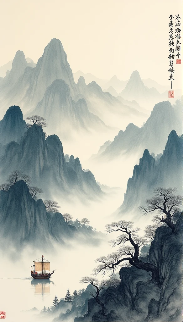 Chinese landscape painting，ink and watercolor painting，water ink，ink，blur，Meticulous，water ink，blur，Meticulous，blur，Low saturation，low contrast，A light ship crossed ten thousand heavy mountains.，Beautifully described，detailed，Acura，works of masters，masterpiece