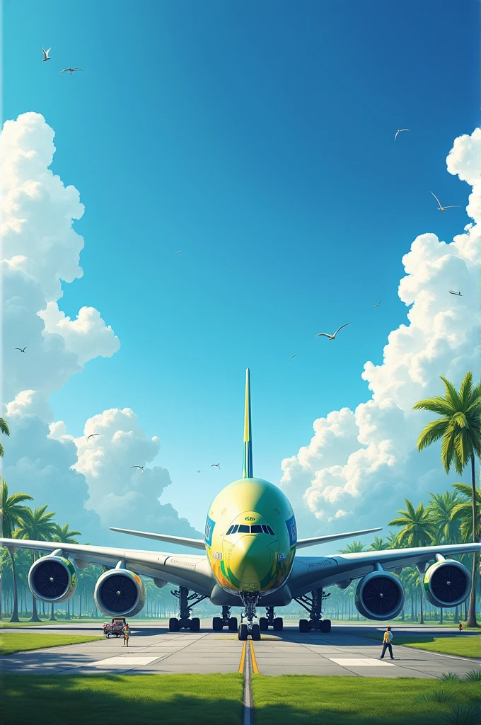 Create an Airbus A380 with Brazilian Airlines written on it on the runway