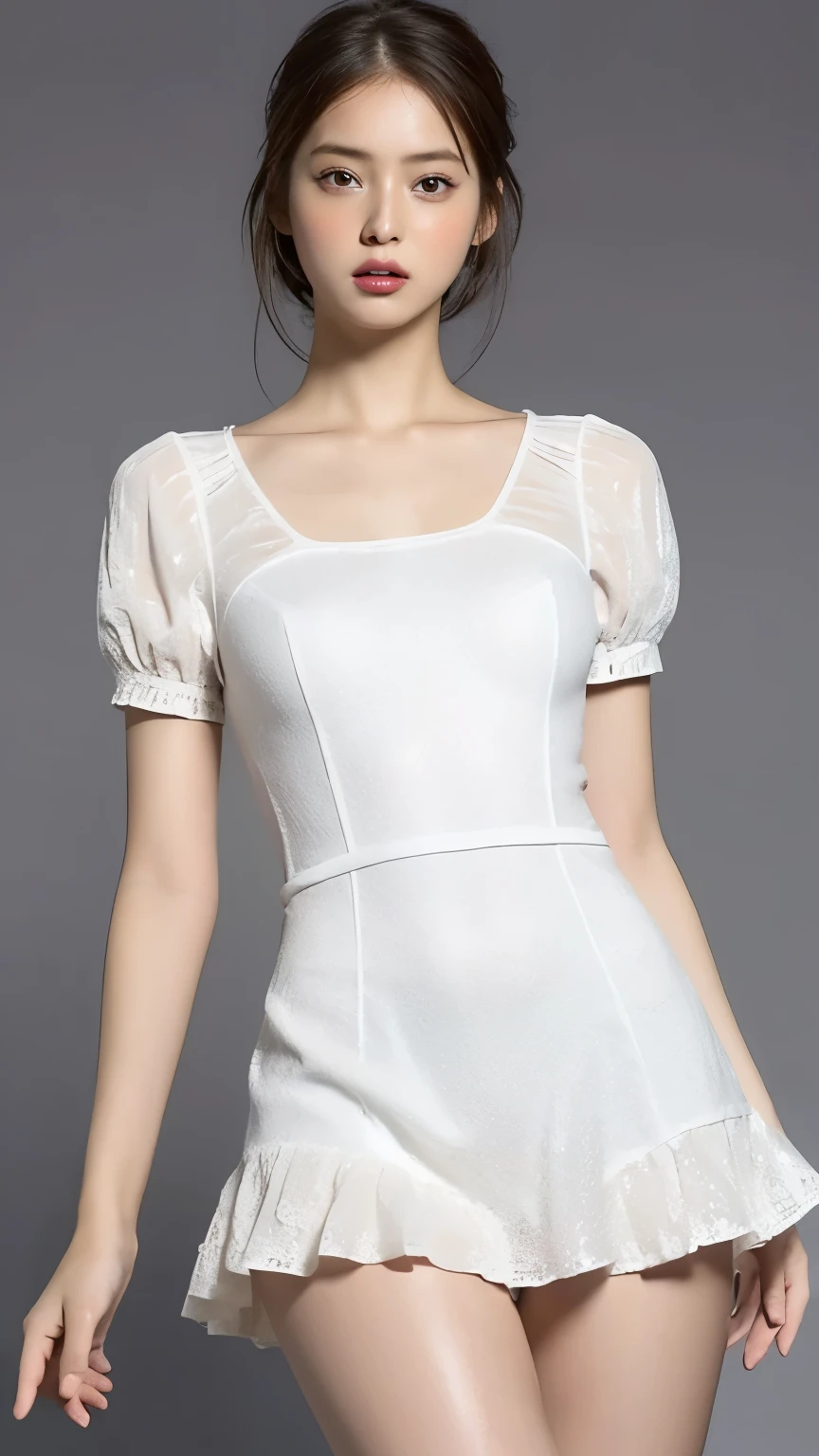 Highest quality,masterpiece,Ultra-high resolution,(Actual:1.4),Original photo,Ultra-high resolution,8K,There are also women,Fair skin、Transparent short-sleeved one-piece white dress
Long legs:1.5,Bright and beautiful,high waist,Flashy makeup,Gray background,