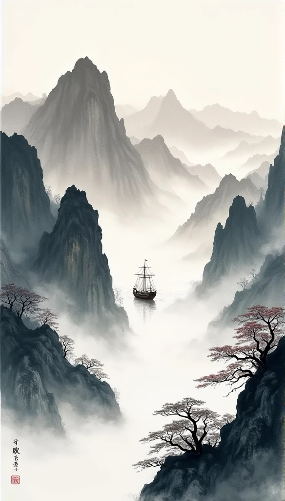 Chinese landscape painting，ink and watercolor painting，water ink，ink，blur，Meticulous，water ink，blur，Meticulous，blur，Low saturation，low contrast，A light ship crossed ten thousand heavy mountains.，Beautifully described，detailed，Acura，works of masters，masterpiece