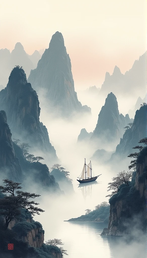 Chinese landscape painting，ink and watercolor painting，water ink，ink，blur，Meticulous，water ink，blur，Meticulous，blur，Low saturation，low contrast，A light ship crossed ten thousand heavy mountains.，Beautifully described，detailed，Acura，works of masters，masterpiece