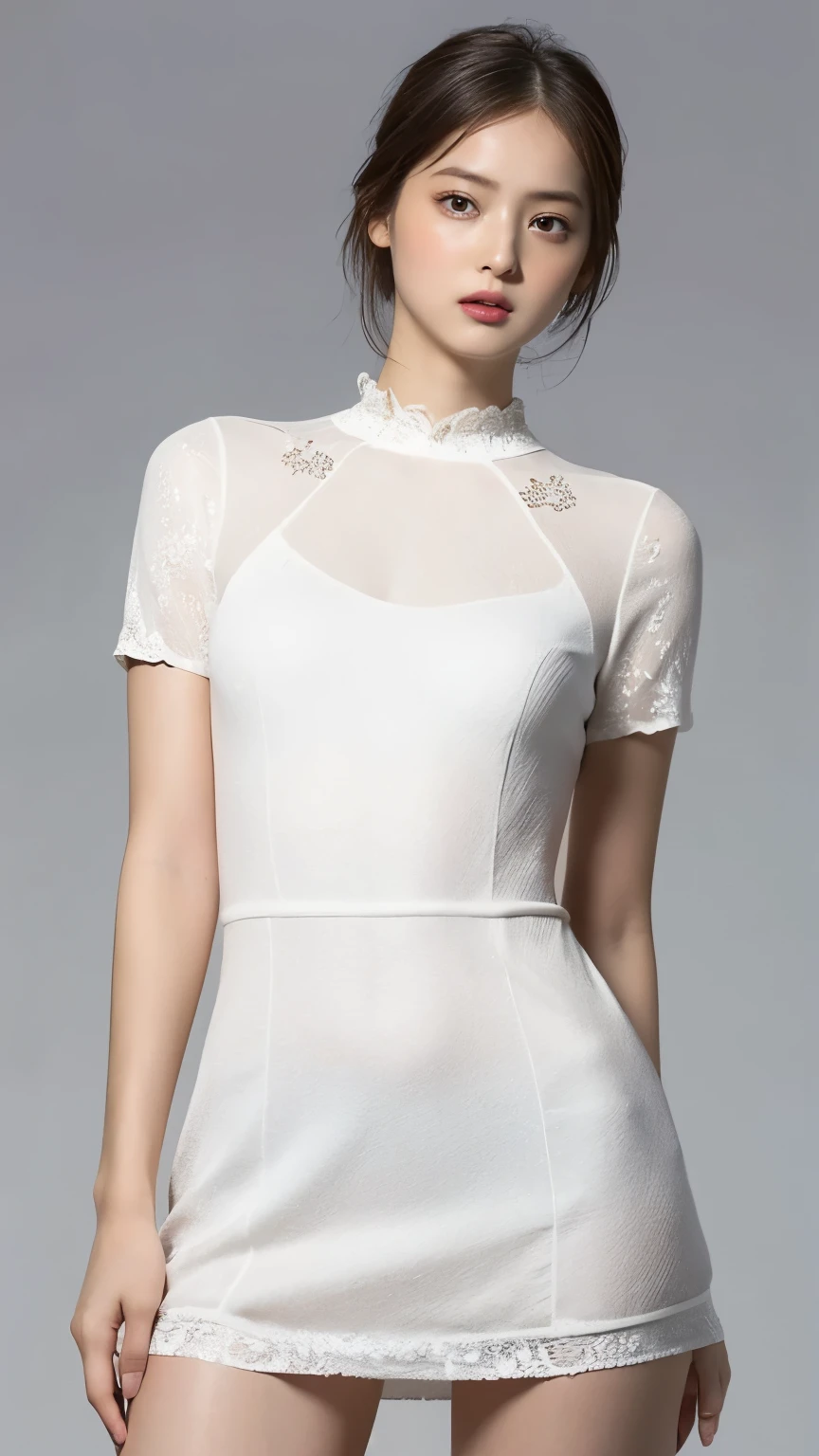 Highest quality,masterpiece,Ultra-high resolution,(Actual:1.4),Original photo,Ultra-high resolution,8K,There are also women,Fair skin、Transparent short-sleeved one-piece white dress
Long legs:1.5,Bright and beautiful,high waist,Flashy makeup,Gray background,
