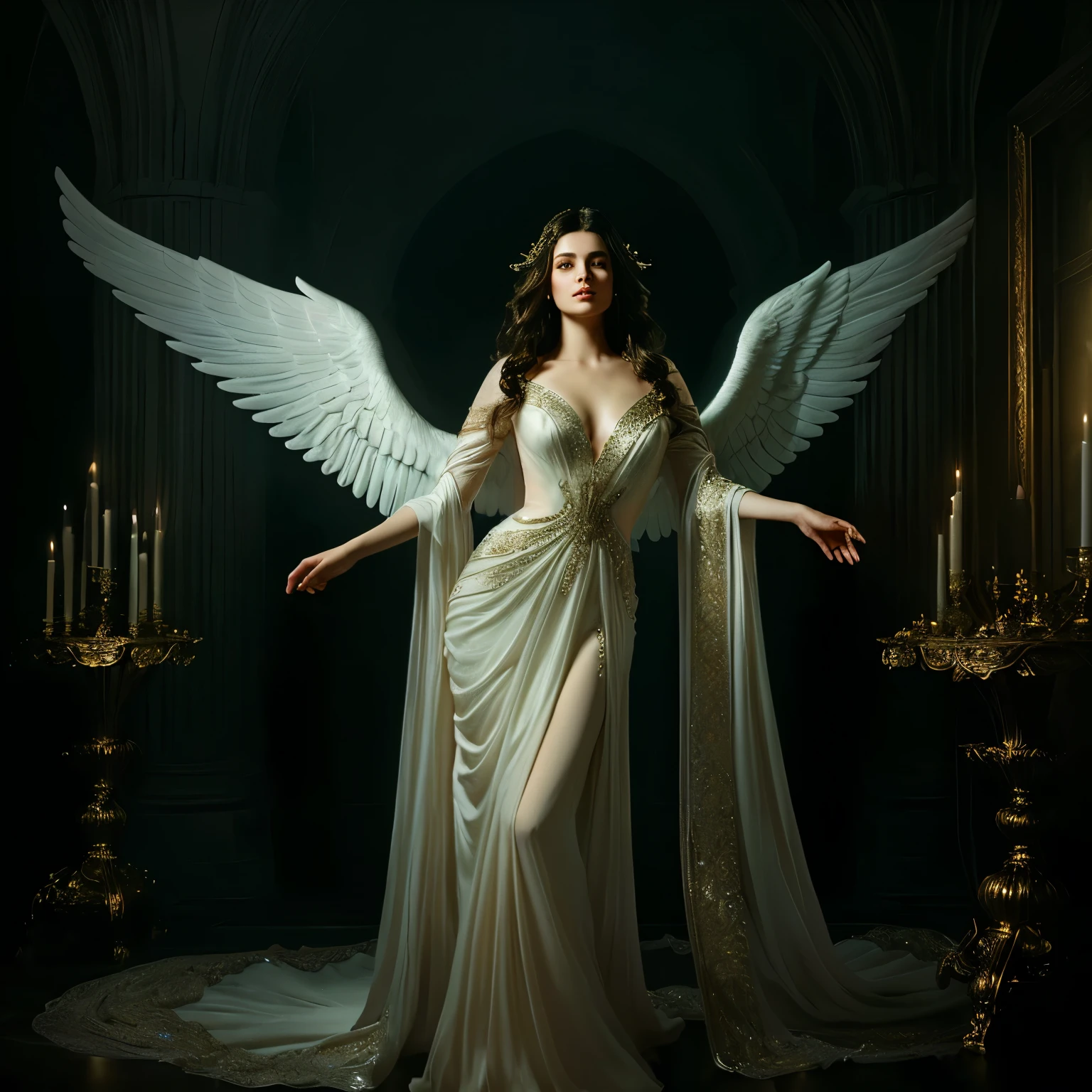 graceful woman with dark hair, facing the camera and standing in a confident pose. She is dressed in an ethereal, flowing gown that embodies the essence of purity and beauty. The gown should be elegant, with delicate, shimmering details and a soft, graceful silhouette. The overall mood is serene and divine, with the subdued lighting enhancing the angelic and otherworldly ambiance. (extremely detailed CG unity 8k wallpaper), (best quality), (best illustration), (best shadow), absurdres, realistic lighting, (Abyss), beautiful detailed glow, art by PeterMohrBacher,