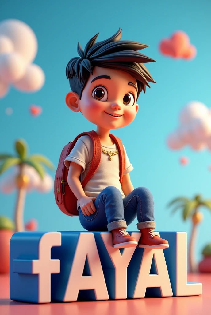 Generate a 3D illustration of an animated character of a handsome boy sitting casually on top of a social media logo, "FACEBOOK. "The character must wear modern Filipinclotheshe. The character's background is the mockup of his Facebook profile page with a profile name "JAYAL" and a profile picture that is the same as the character.