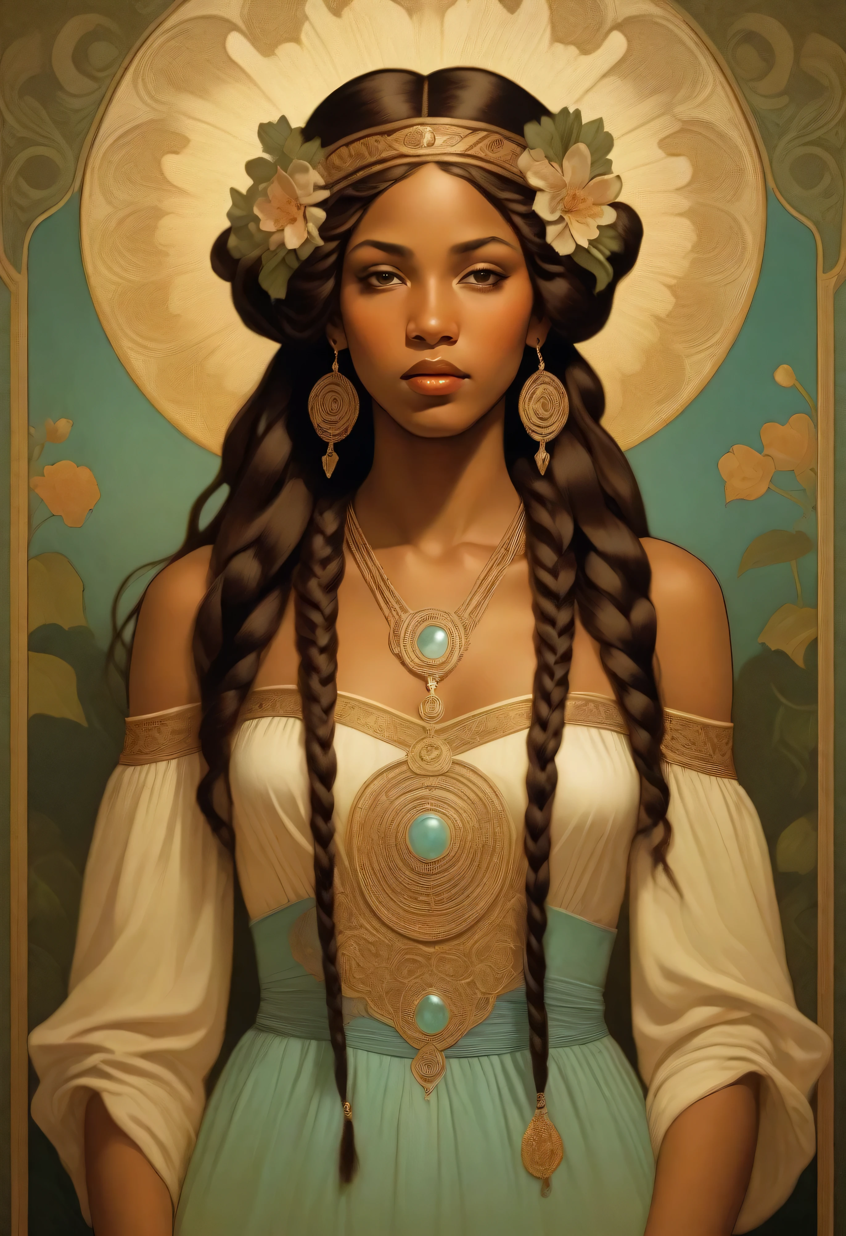 old (Masterpiece, Best Quality, Highres:1.2) Art Nouveau Style Beautiful African Woman with Long Braided Hair Shaped as Flowers and large necklaces in the Style of Alphonse Mucha, portrait of a beautiful cute, very beautiful, standing artistically, realistic natural, professional light distribution, very artistic lighting gradation, artistic detail, highly detailed, centered, Nymph-pattern vintage wallpaper with dramatic backlighting casting deep shadows, featuring a meticulously crafted illustration inspired by Dan Mumford and Alphonse Mucha, hyper-realistic and photorealistic textures, extremely detailed with intricate floral and foliage elements, octane rendered in 8K (extremely detailed 8k wallpaper), Golden ratio, hidden ancient African symbols (, Spiral), balanced design, color harmony, Vernis Martin, golden, ancient mythology, artistically twisted edges, reminiscent of old-world craftsmanship with a contemporary edge, volumetric lighting, ultra fine details.