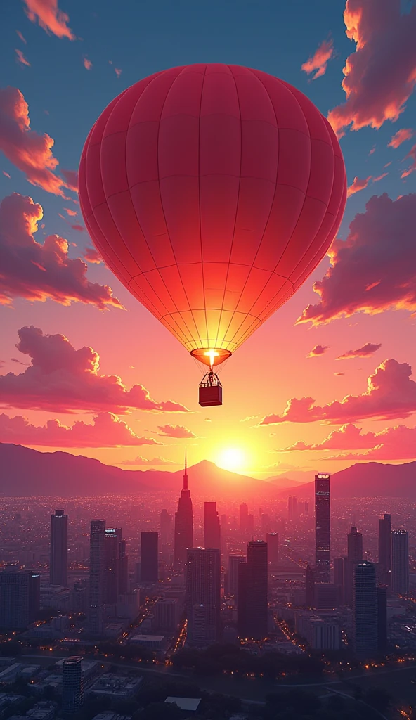 anime inspired Bright Balloons over Urban Skyline: A bright hot air balloons rises above a bustling cityscape at sunset, with skyscrapers and city lights creating a dynamic and energetic backdrop. Realistic and cinematic. Award winning photography. Advertising photography. Commercial photography --chaos 23 --ar--stylize 750, Hawaii, gta vice style , illustration , reteo comic illustration