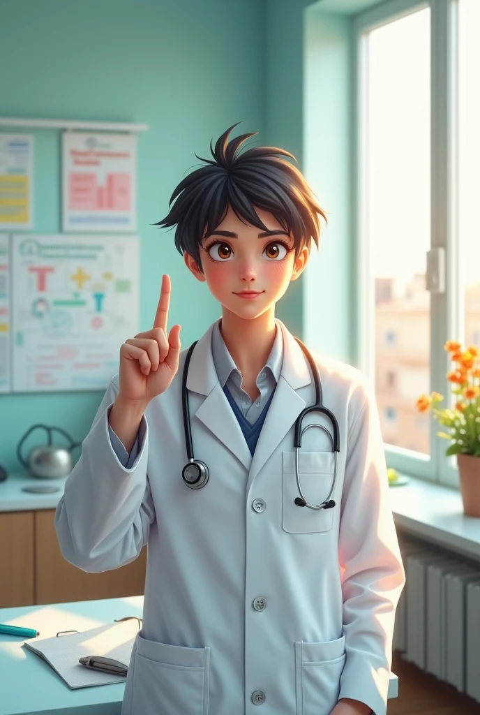 Doctor pointing finger as if to say "Wait a minute! Just one detail missing"!