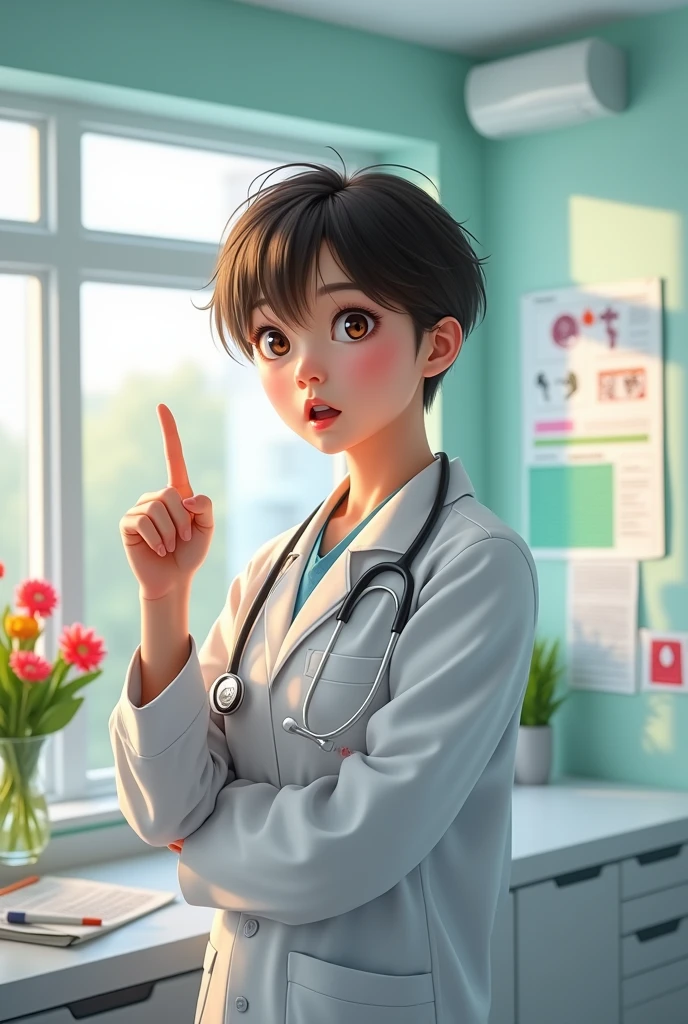 Doctor pointing finger as if to say "Wait a minute! Just one detail missing"!