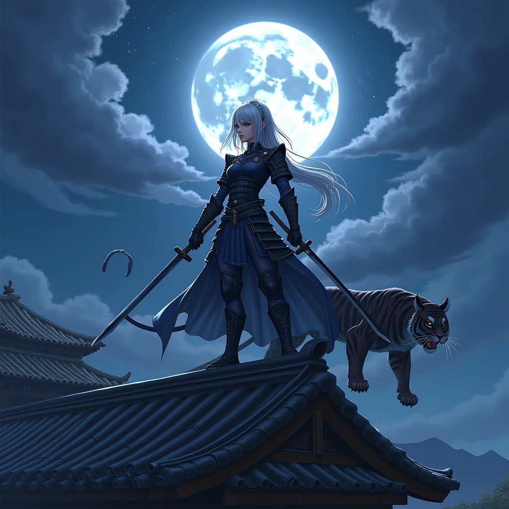 Silver-haired armored kunoichi, blue eyes with aggressive stance wielding two katanas wearing black and dark blue Japanese armor on the roof of a Japanese castle against the night sky and the shadow of a black tiger MeinaUnreal