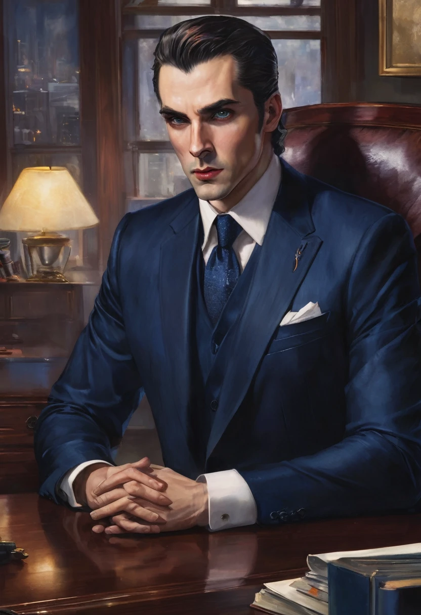 (good quality), (many details), (masterpiece), man (30 years old) in a tailored suit (dark blue), blue eyes, stern facial expression, handkerchief, vampire, night, sitting behind his mahogany desk, office, serious, businessman, realistic, blond short hair