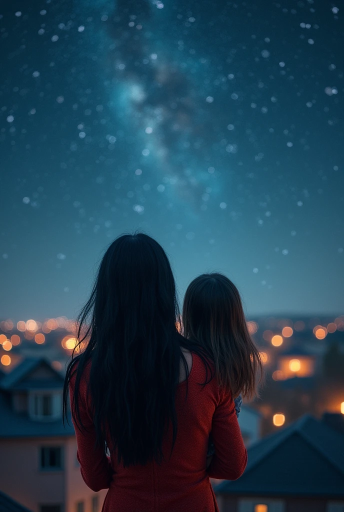 Une belle femme , longs cheveux noirs, lèvres rouges, portant sa fille sur le dos, sur le toit de la maison, contemplant les étoiles, il y a des maisons lointaines et des fenêtres éclairées.