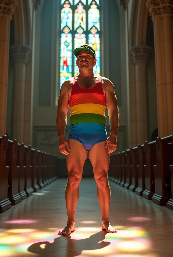 Bolsonaro in a rainbow-colored swimsuit with a PT cap in a church