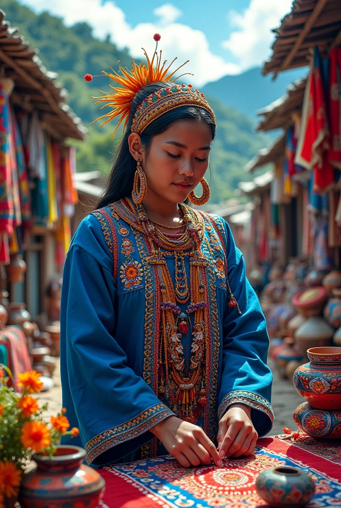Indigenous Colombian crafts in blue costume in a graphic element