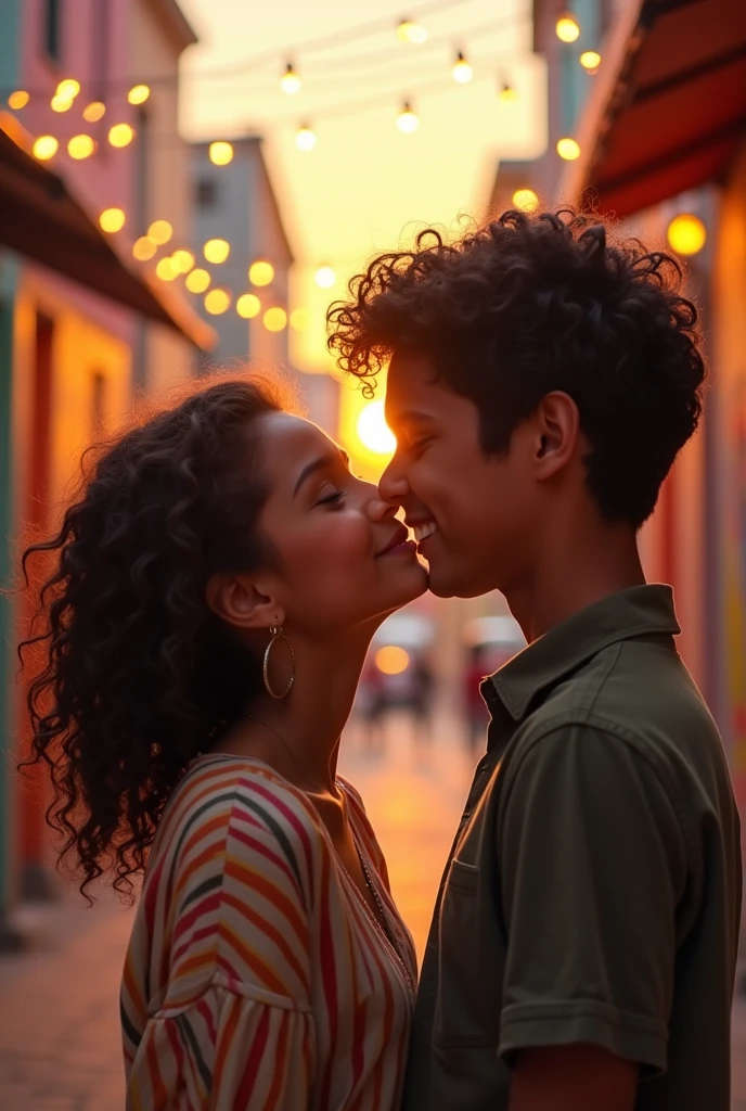 Brown skin girl about to kiss a Hispanic fine boy