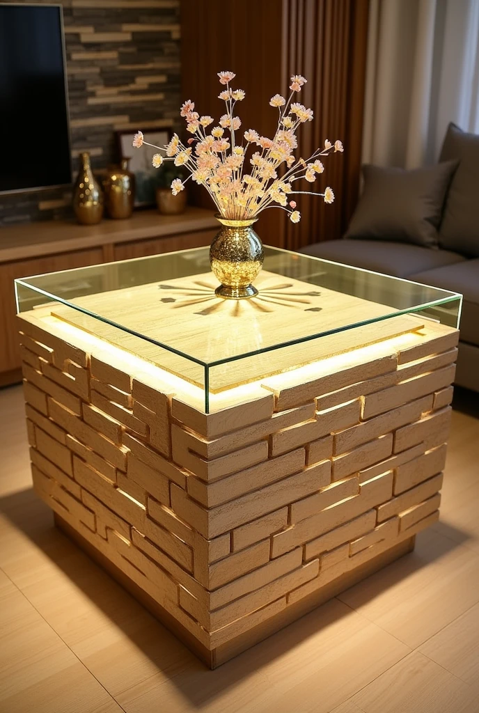 Small and simple, this handcrafted square small table features a clear acrylic glass top that creates a simple visual effect similar to a deep well thanks to the warm golden LED lighting.. The sides are made of high-quality MDF wood covered with 3D wallpaper that reflects the look of natural brick.. The table is decorated with simple decorations such as artificial flowers and golden ornaments made of light materials.. The table is placed on a light wooden floor, adding a touch of simplicity and modernity.. The design combines elegance and economy, making it suitable for any home.