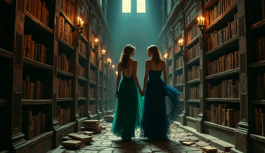 beautiful womens; looking for a forbidden book in ancient library with a lost of mistery and secrets; caravaggio painting