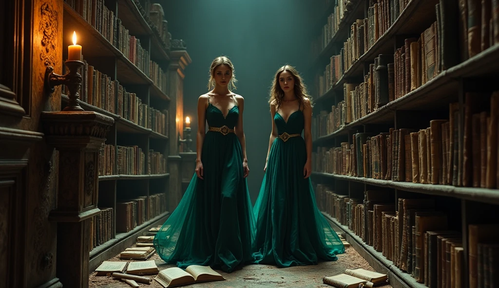 beautiful womens; looking for a forbidden book in ancient library with a lost of mistery and secrets; caravaggio painting