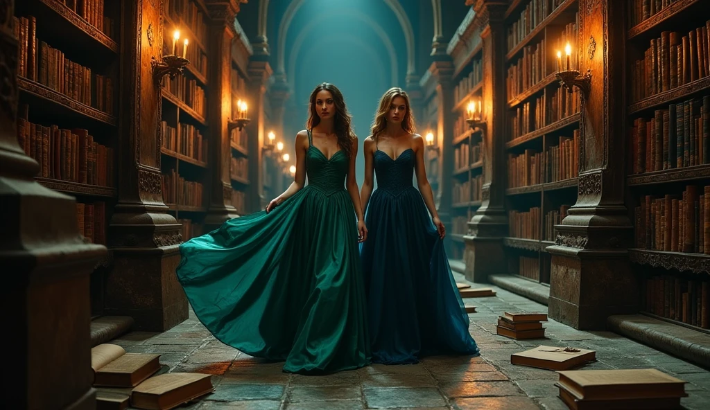 beautiful womens; looking for a forbidden book in ancient library with a lost of mistery and secrets; caravaggio painting