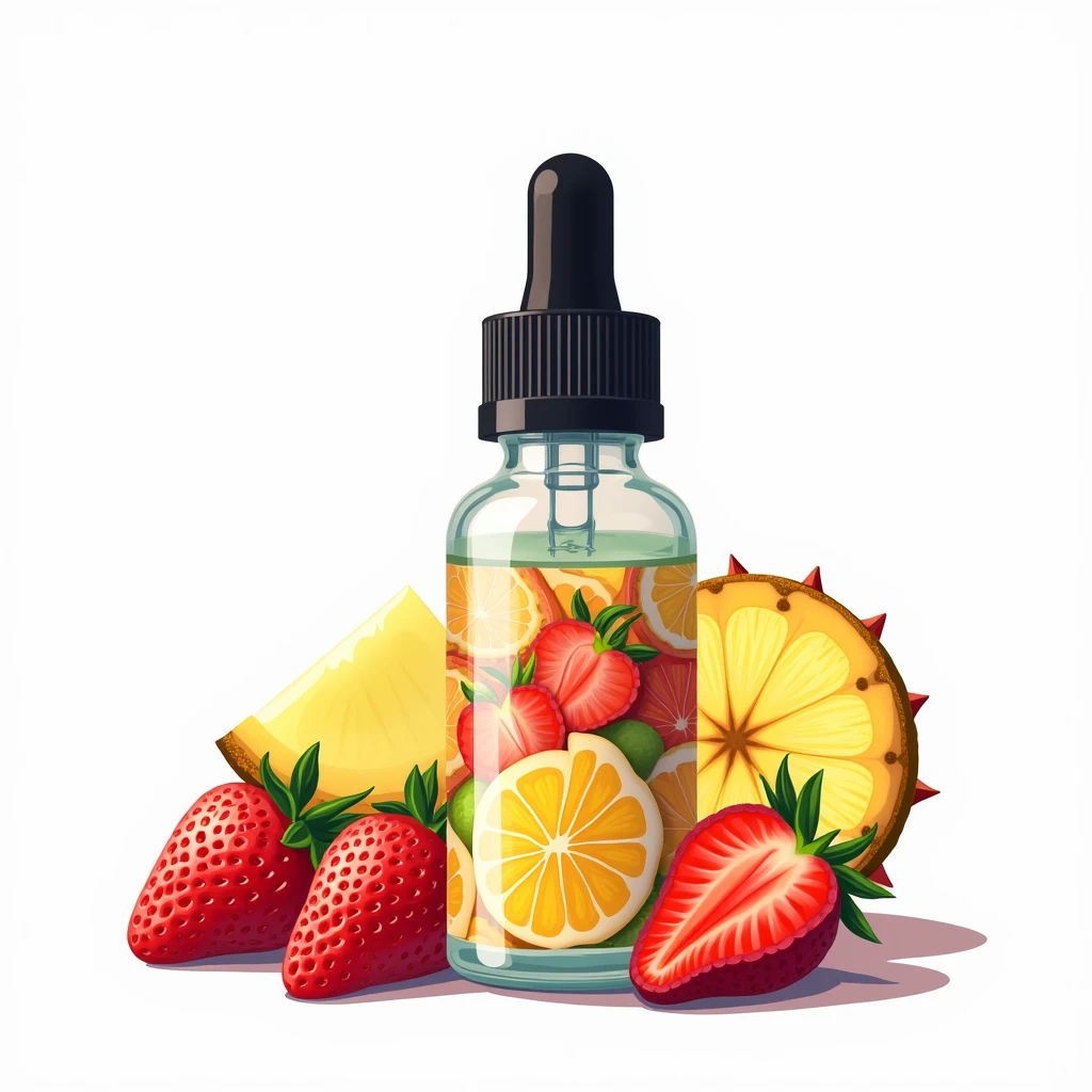 Vector art, small bottle of vaping liquid with label, The label depicts fruits, White background