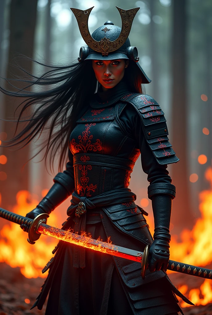Samurai female ninja with burning fire effect