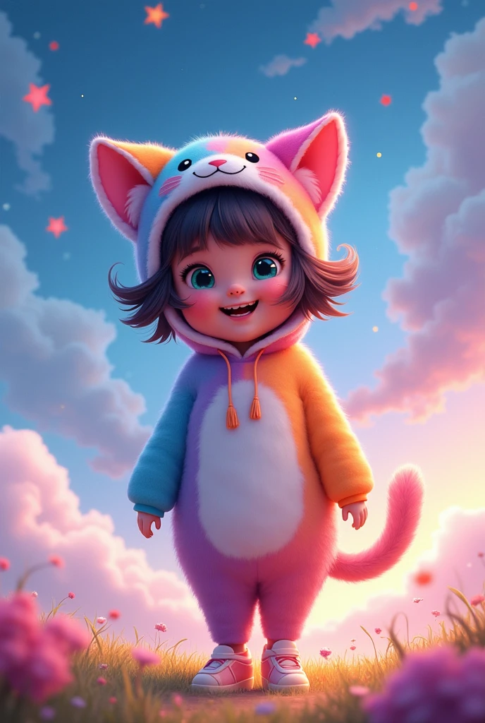 Girl in cat costume that looks like a digital drawing